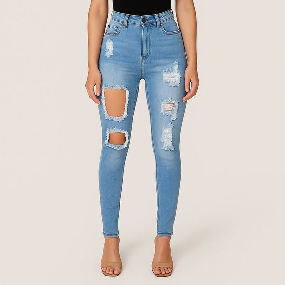 Fashion Nova Denim - Fashion Nova Distressed Skinny Jeans | Size 3/4 | Light Wash Denim